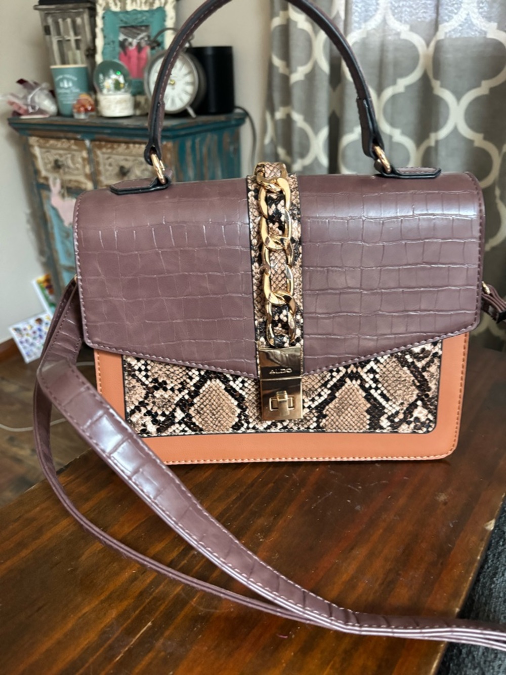 Aldo Croc-Embossed Satchel with Tan & Snake-Print Trim